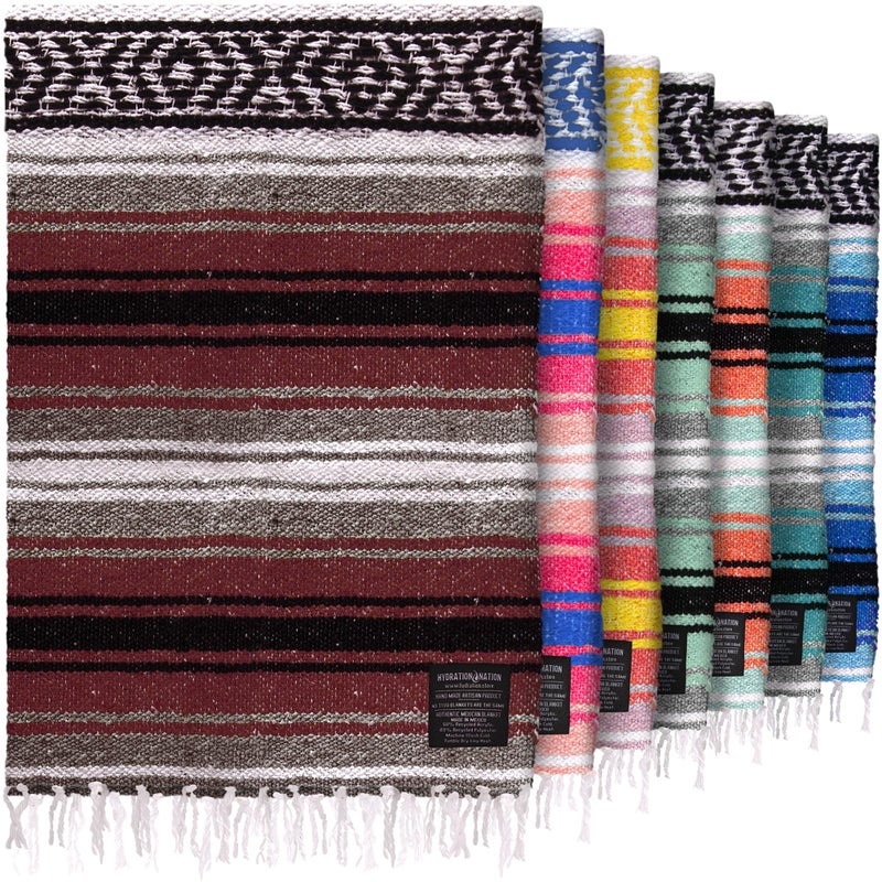 Hydration Nation Mexican Blanket (Authentic Handmade Falsa) - Durable, Lightweight Baja Indian Blanket for Yoga, Beach, Camping, Picnic, Car/Truck, Outdoor Mexican Throw, Baja Saddle Blanket, 70"x50", Cherry - Image 1